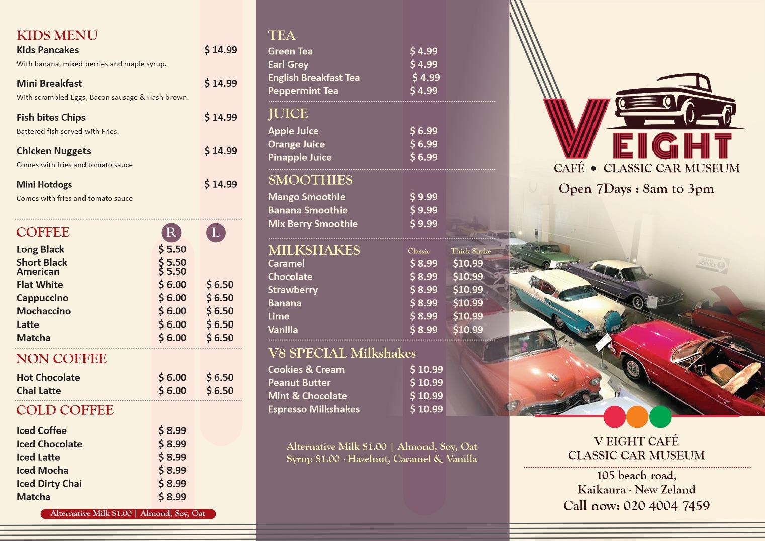 VEight Cafe drinks and kids menu